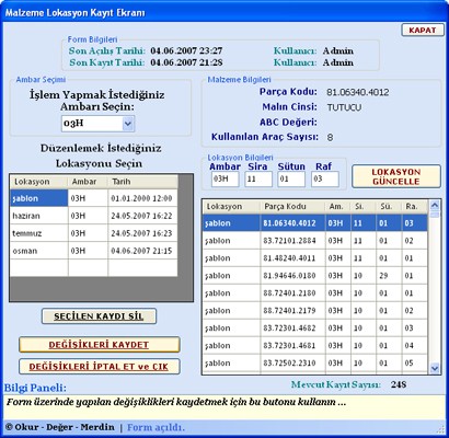 Erkan Okur Bitirme Tezi Program Lokasyon Kayıt Ekranı